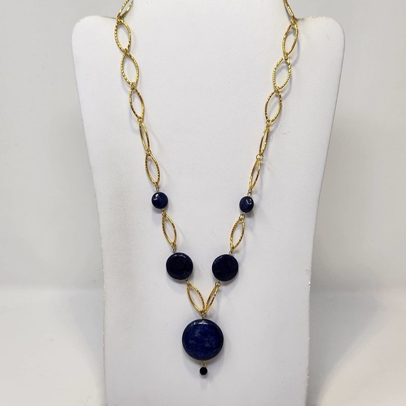 Lapis Lazuli Natural Stone Pendant Gold Tone Oval Chain Link Y Drop Necklace - Picture 1 of 6